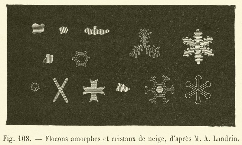 Amorphe Flocken und Schneekristalle von French School