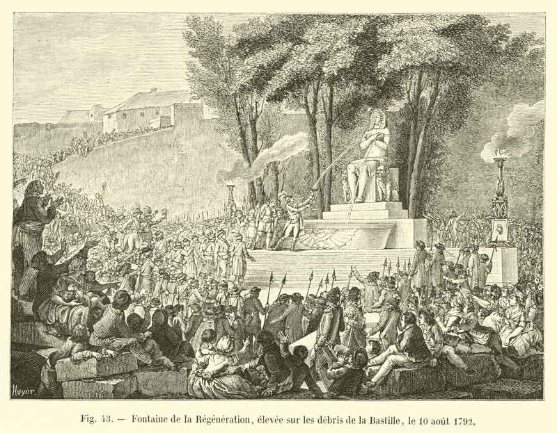 Brunnen der Regeneration, errichtet auf den Trümmern der Bastille, am 10. August 1792 von French School