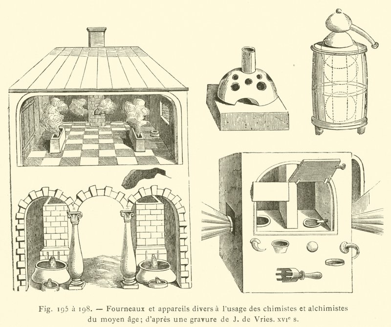Öfen und verschiedene Geräte für Chemiker und Alchemisten des Mittelalters von French School