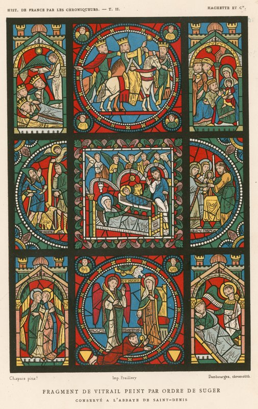 Fragment eines bemalten Glasfensters auf Befehl von Suger von French School