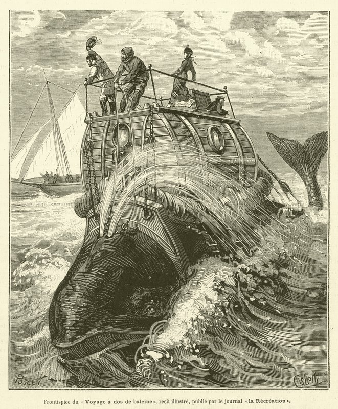 Frontispiz der Reise auf dem Rücken eines Wals, illustrierter Bericht, veröffentlicht von der Zeitung La Récréation von French School