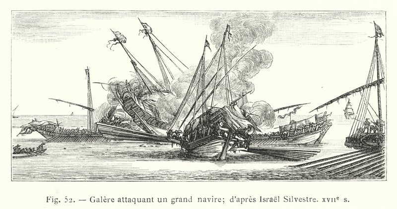 Galeere greift ein großes Schiff an; nach Israel Silvestre, 17. Jahrhundert von French School
