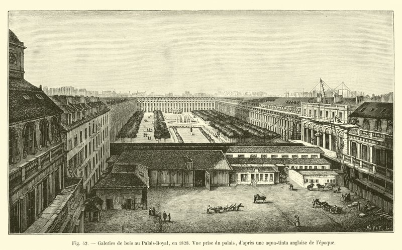 Holzgalerien im Palais-Royal, 1828, Ansicht vom Palast, nach einer englischen Aquatinta der Zeit von French School