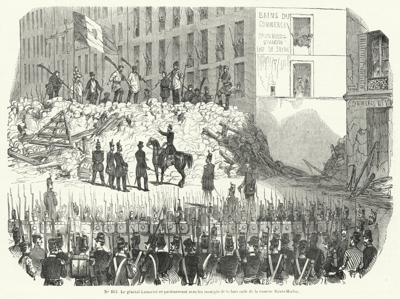 General Lamoriciere verhandelt mit bewaffneten Arbeitern, die ihre Barrikade vor der Saint Martin Kaserne verteidigen, Paris, 23. Juni 1848 (Stich) von French School
