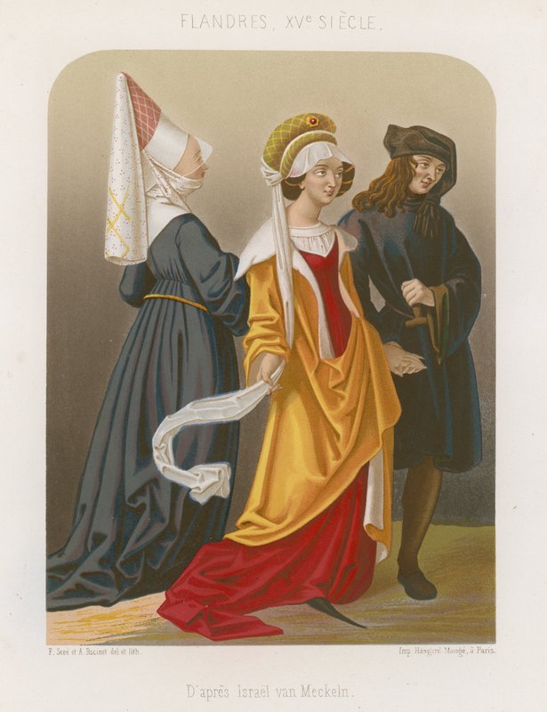 Gruppe von Menschen in Mode des 15. Jahrhunderts von French School