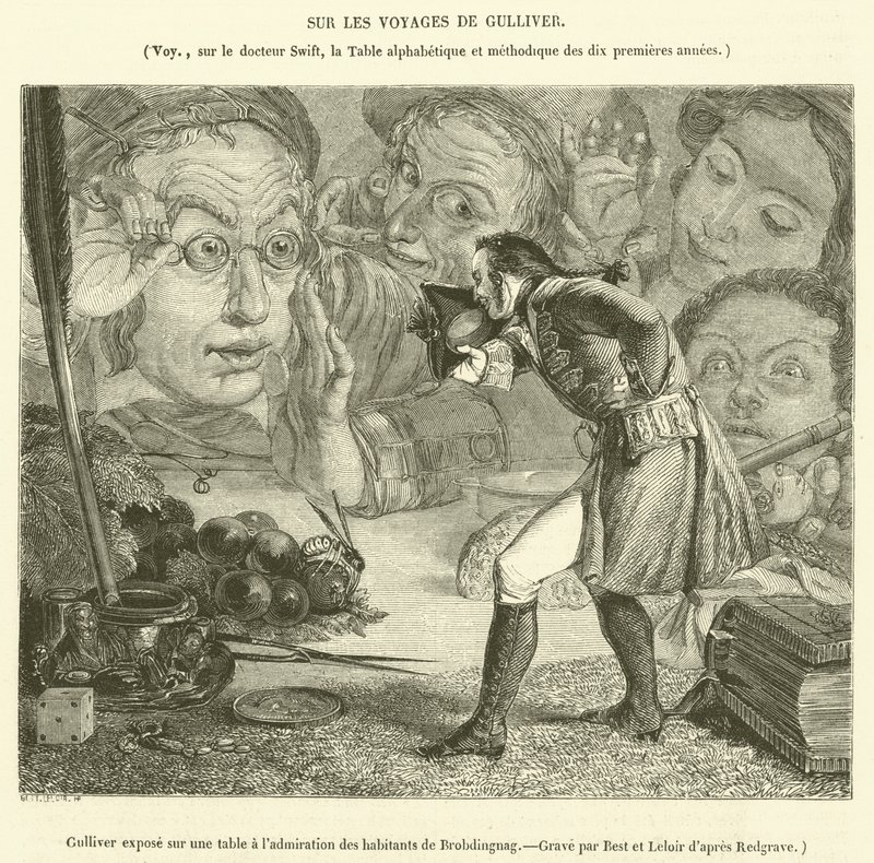 Gulliver auf einem Tisch zur Bewunderung der Einwohner von Brobdingnag ausgestellt von French School