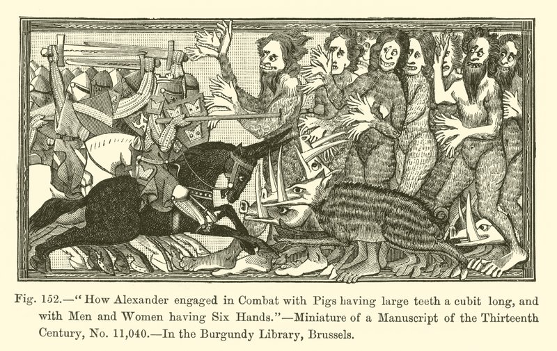 Wie Alexander im Kampf mit Schweinen mit großen Zähnen, die eine Elle lang sind, und mit Männern und Frauen mit sechs Händen engagiert war (Stich) von French School