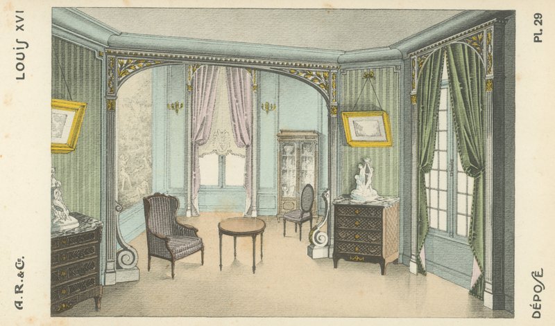 Illustration aus dem Innenarchitektur-Produktkatalog von A R & Cie, Frankreich von French School