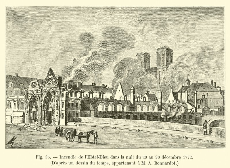 Brand des Hôtel-Dieu in der Nacht vom 29. auf den 30. Dezember 1772, nach einer zeitgenössischen Zeichnung im Besitz von M. A. Bonnardot von French School