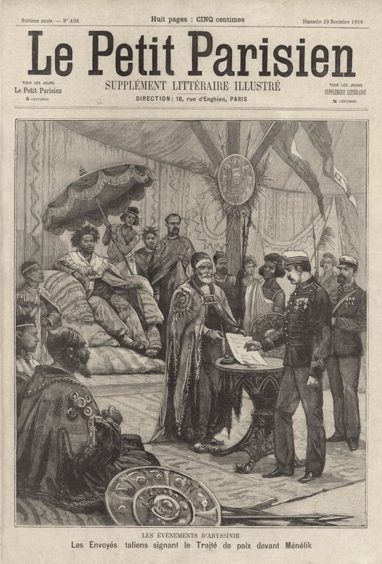 Italienische Gesandte unterzeichnen den Friedensvertrag zur Beendigung des Ersten Italienisch-Äthiopischen Krieges vor Kaiser Menelik II. von Äthiopien von French School
