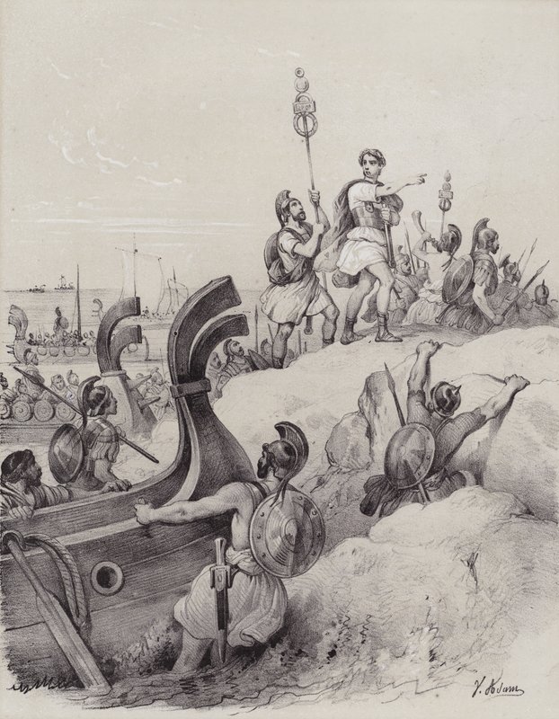 Julius Caesar und die Römer landen in Kent bei ihrer ersten Invasion Britanniens, 55 v. Chr. von French School