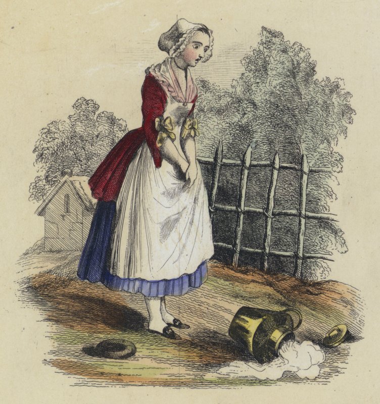 Die Milchfrau und der Milchtopf (farbiger Stich) von French School