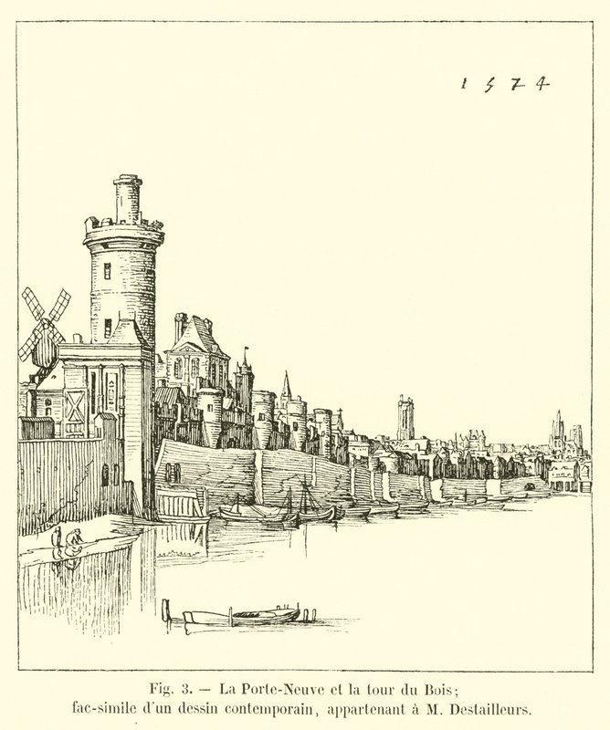 Das neue Tor und der Turm des Bois; Faksimile einer zeitgenössischen Zeichnung, im Besitz von M. Destailleurs von French School