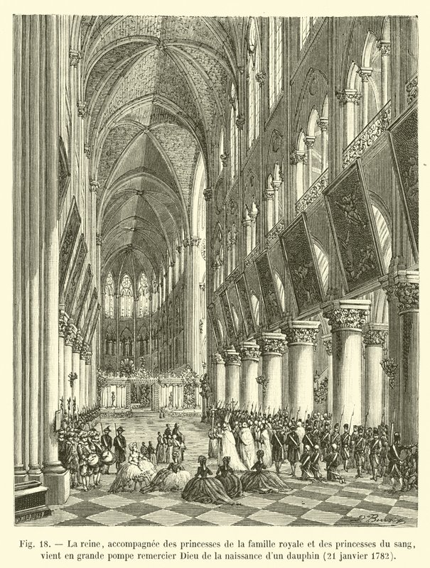 Die Königin, begleitet von den Prinzessinnen der königlichen Familie und den Prinzessinnen des Blutes, kommt in großer Pracht, um Gott für die Geburt eines Dauphins zu danken, 21. Januar 1782 von French School