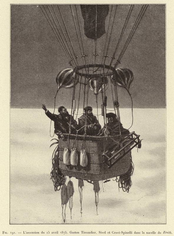Der Aufstieg vom 15. April 1875, Gaston Tissandier, Sivel und Croce-Spinelli in der Gondel des Zenith von French School
