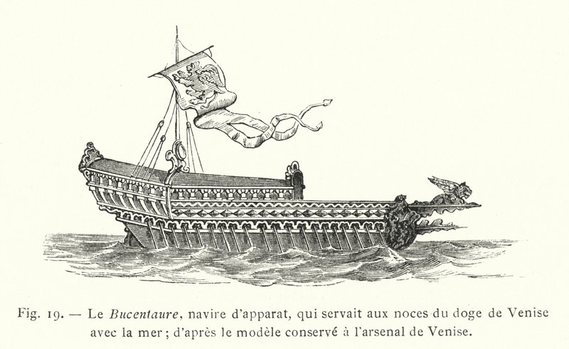 Der Bucentaure, Prunkschiff, das bei der Hochzeit des Dogen von Venedig mit dem Meer verwendet wurde; nach dem im Arsenal von Venedig aufbewahrten Modell (Stich) von French School