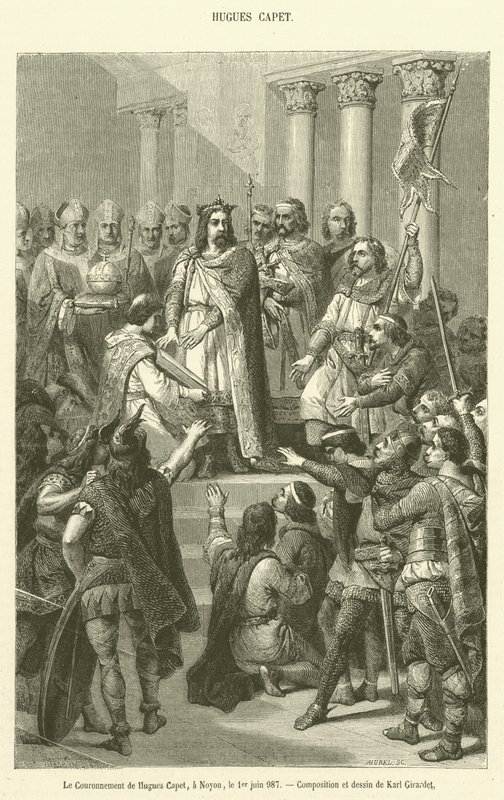 Die Krönung von Hugo Capet in Noyon, am 1. Juni 987 (Gravur) von French School