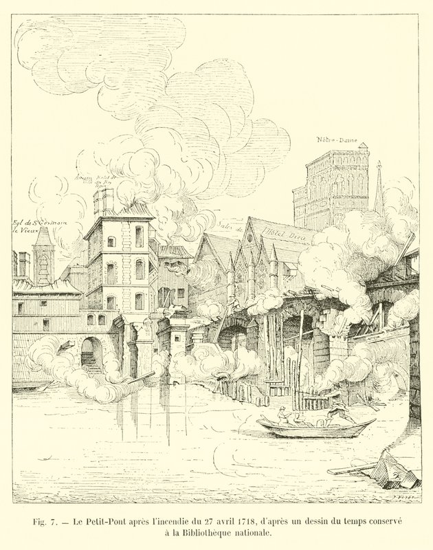 Der Petit-Pont nach dem Brand vom 27. April 1718, nach einer zeitgenössischen Zeichnung, aufbewahrt in der Nationalbibliothek von French School