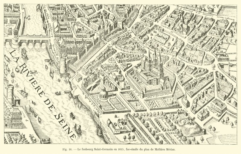 Das Faubourg Saint-Germain im Jahr 1615, Faksimile des Plans von Mathieu Merian von French School