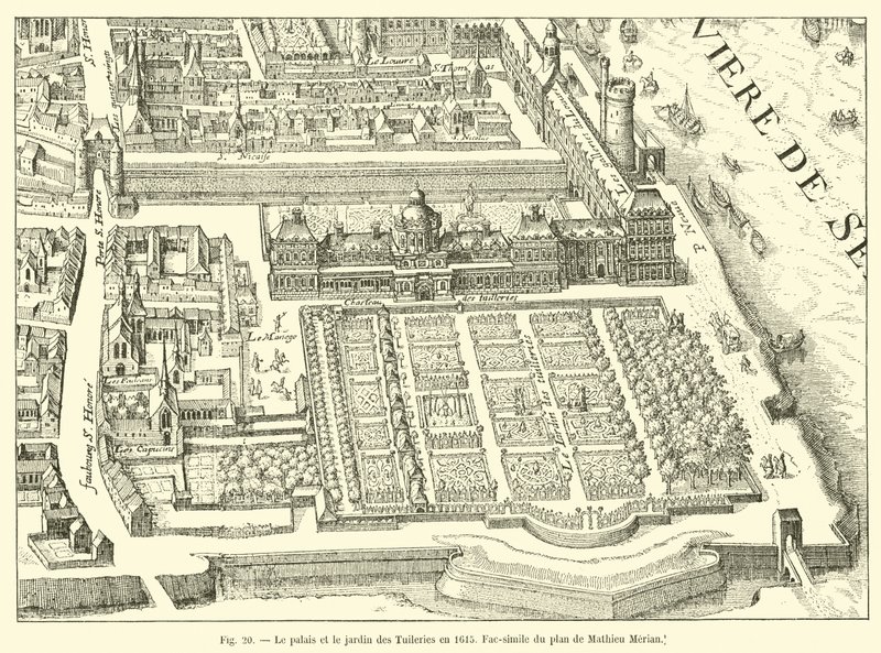 Der Palast und der Garten der Tuilerien im Jahr 1615, Faksimile des Plans von Mathieu Merian von French School