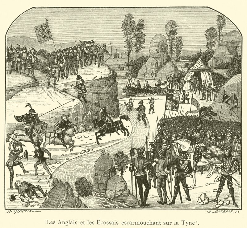 Die Engländer und die Schotten kämpfen an der Tyne (Stich) von French School