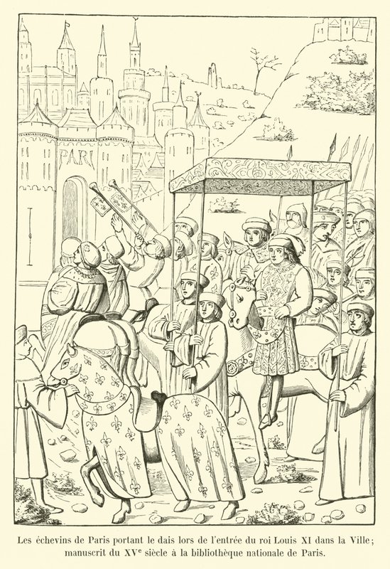 Die Schöffen von Paris tragen das Baldachin bei der Einfahrt von König Ludwig XI in die Stadt; Manuskript aus dem 15. Jahrhundert in der Nationalbibliothek von Paris von French School