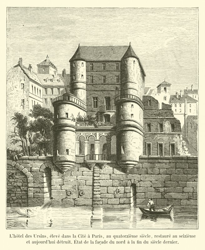 Das Ursins-Hotel, errichtet in der Stadt Paris im 14. Jahrhundert, restauriert im 16. Jahrhundert und heute zerstört, Zustand der Nordfassade Ende des letzten Jahrhunderts von French School