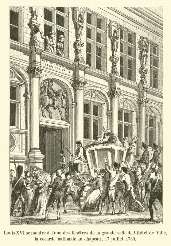 Ludwig XVI. zeigt sich an einem der Fenster des großen Saals des Hôtel de Ville mit der Nationalkokarde am Hut, 17. Juli 1789 von French School