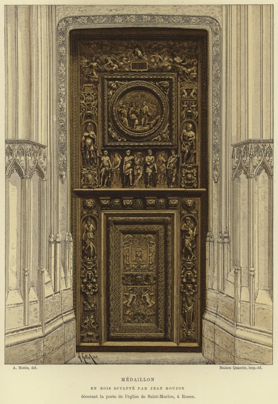 Holzmedaillon geschnitzt von Jean Goujon in der Tür der Kirche Saint-Maclou, Rouen von French School