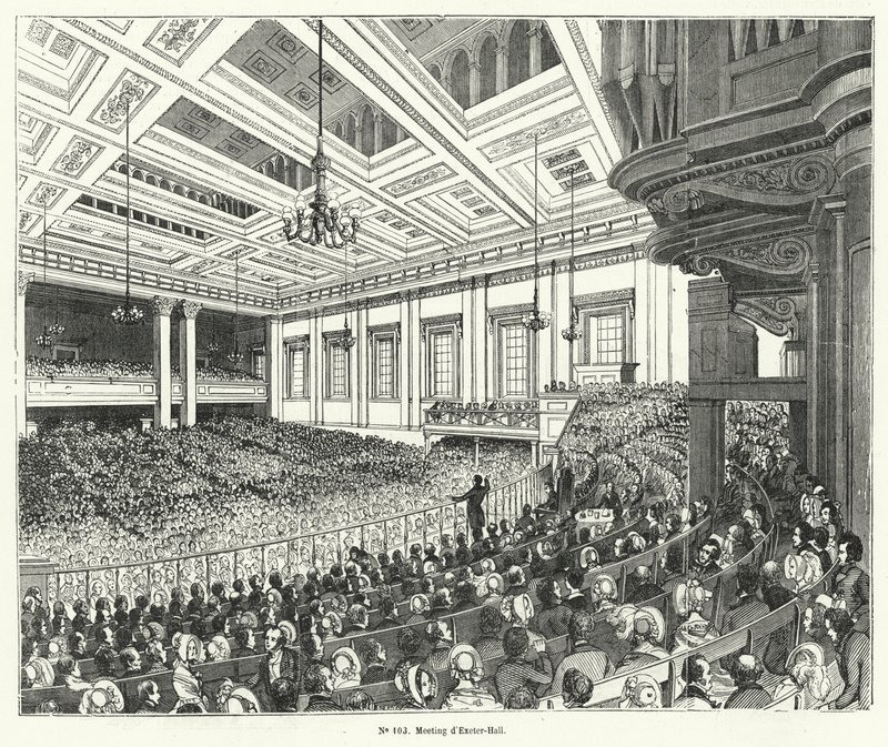 Treffen der Anti-Corn Law League in Exeter Hall, London von French School
