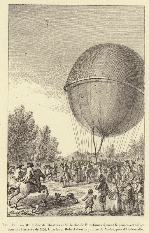 Mgr der Herzog von Chartres und M der Herzog von Fitz-James unterzeichnen das Protokoll, das die Ankunft von MM Charles und Robert in der Wiese von Nesles, nahe Hedouville, feststellt (Gravur) von French School
