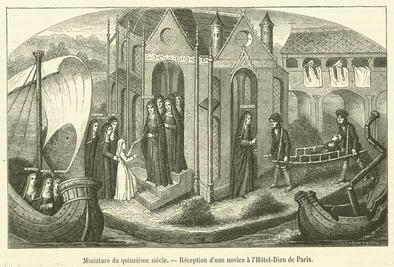 Miniatur aus dem fünfzehnten Jahrhundert, Aufnahme einer Novizin im Hôtel-Dieu von Paris von French School