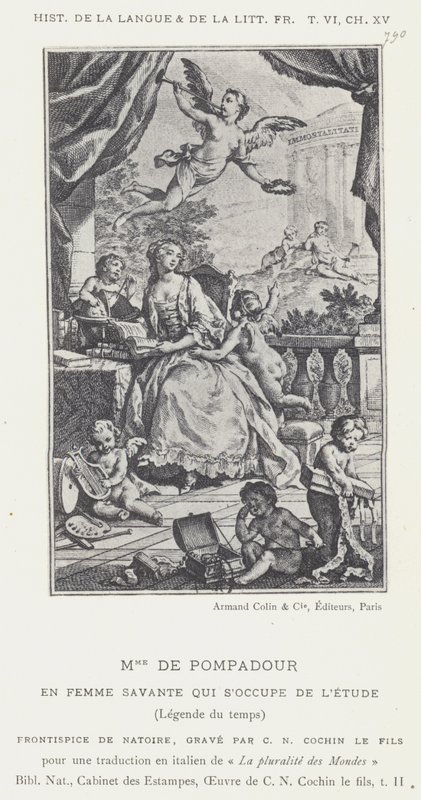 Mme De Pompadour, als gelehrte Frau, die sich mit dem Studium beschäftigt, Legende der Zeit (Lithographie) von French School