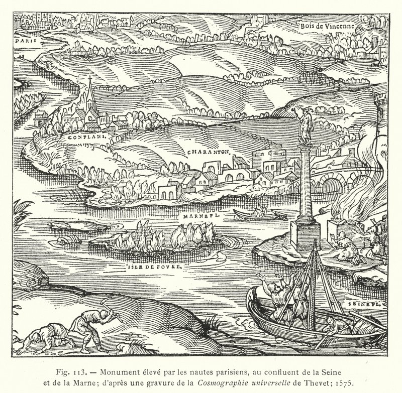 Denkmal errichtet von den Pariser Nautes, am Zusammenfluss von Seine und Marne; nach einem Stich aus der Cosmographie universelle von Thevet; 1575 (Gravur) von French School