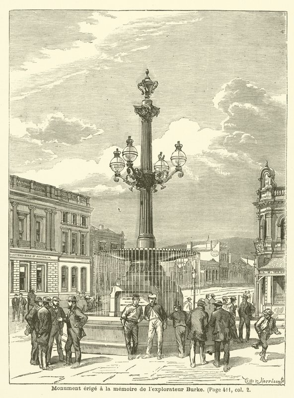 Denkmal zu Ehren des Entdeckers Burke (Gravur) von French School