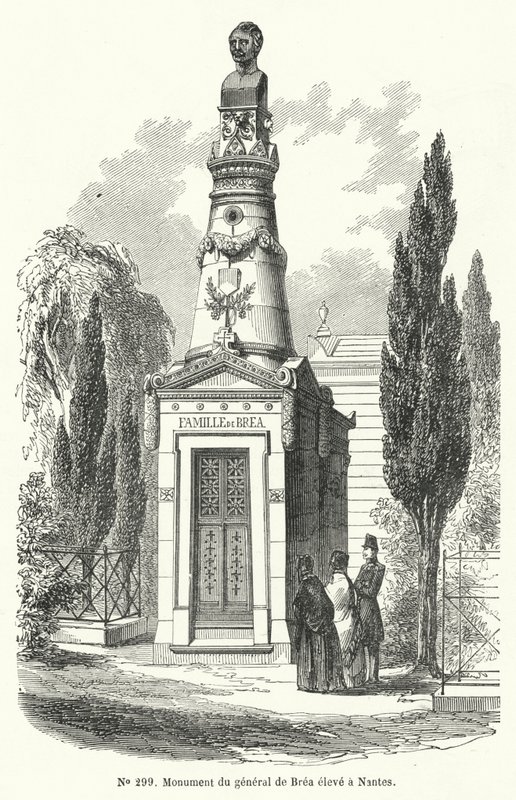 Denkmal in Nantes für den französischen General Jean Baptiste Fidele Brea, hingerichtet von Revolutionären während des Juniaufstands in Paris 1848 (Stich) von French School