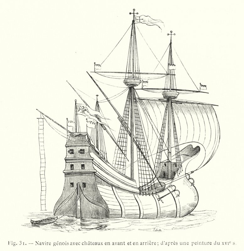 Genuesisches Schiff mit Burgen vorne und hinten; nach einem Gemälde des 16. Jahrhunderts (Gravur) von French School