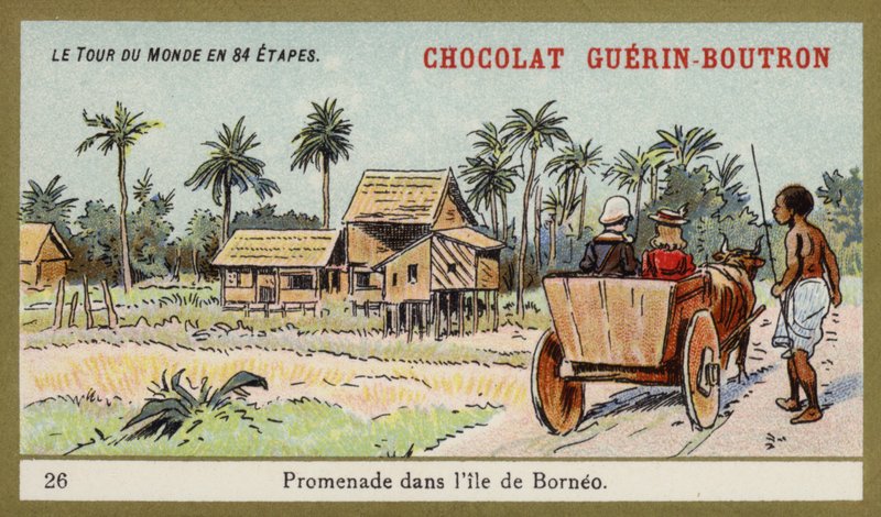 Ochsenkarrenfahrt auf der Insel Borneo (Chromolithografie) von French School