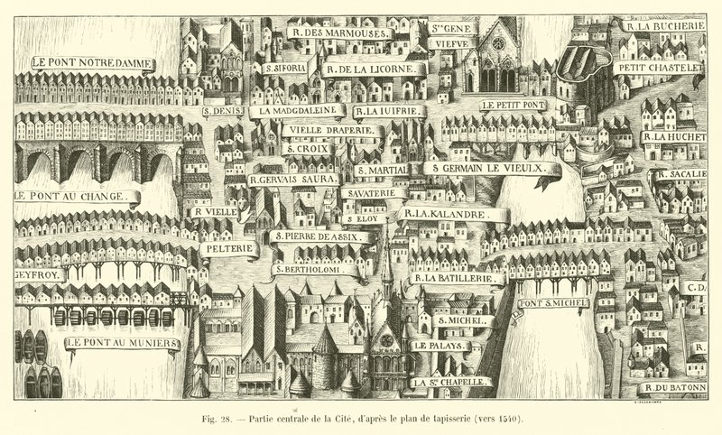 Zentraler Teil der Cité, nach dem Wandteppichplan, um 1540 von French School