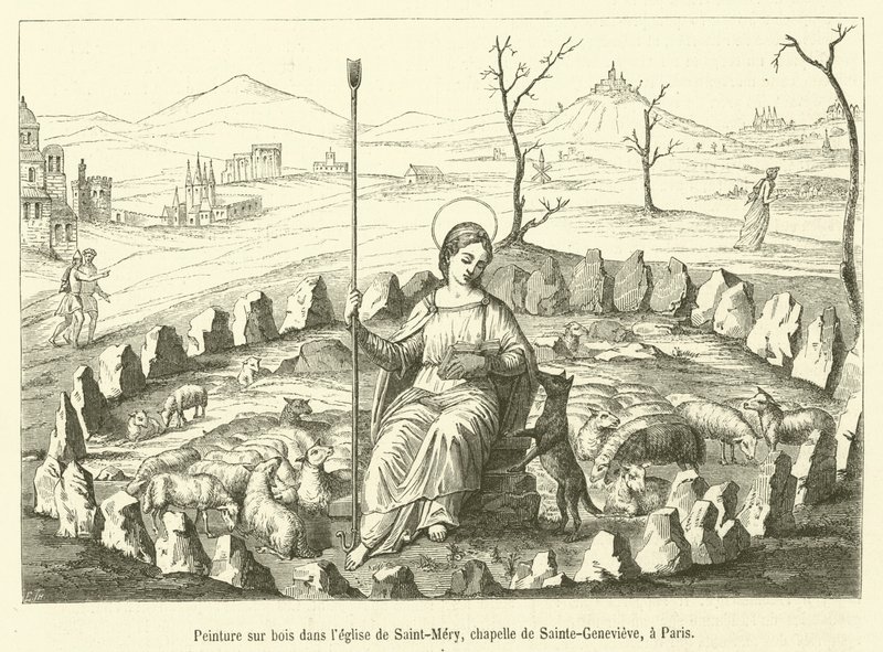 Malerei auf Holz in der Kirche Saint-Mery, Kapelle der Heiligen Genevieve, in Paris (Gravur) von French School