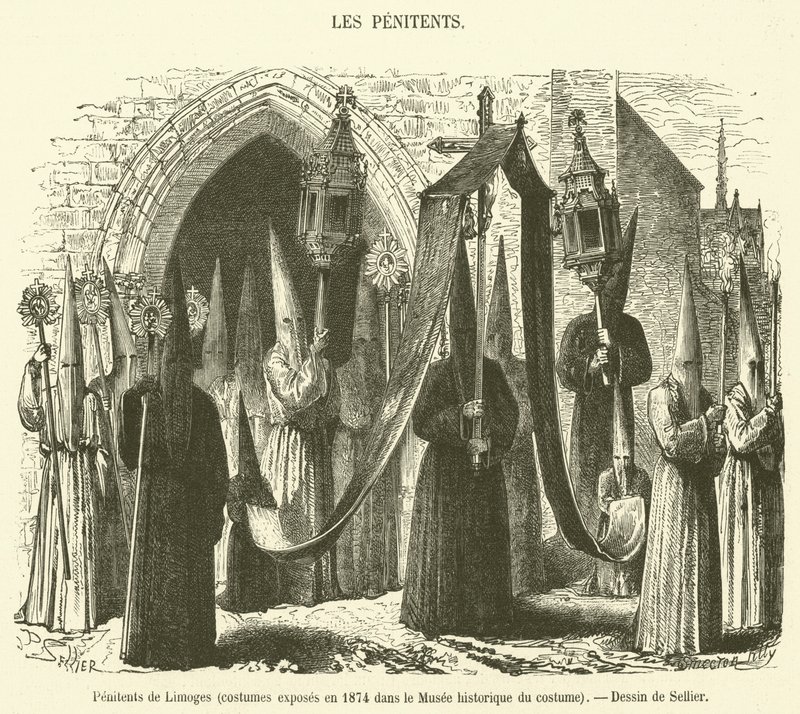 Büßer von Limoges, Kostüme ausgestellt 1874 im Historischen Kostümmuseum (Stich) von French School