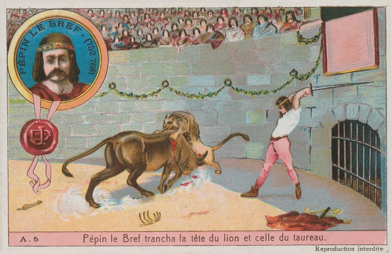 Pippin der Kleine (752-768) greift den Kopf des Löwen und des Stiers an von French School