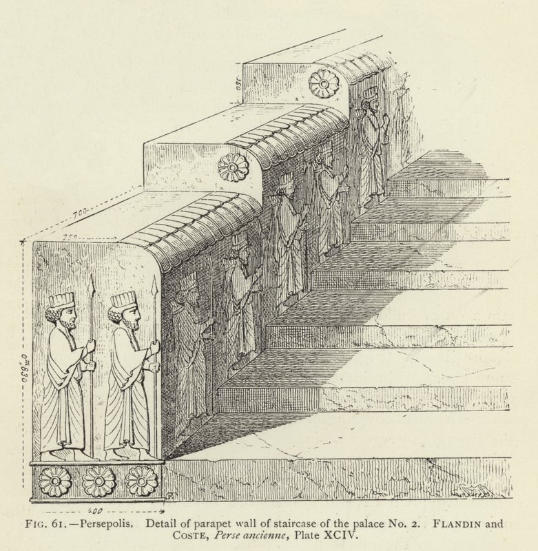 Persepolis, Detail der Brüstungsmauer der Treppe des Palastes Nr. 2 (Gravur) von French School