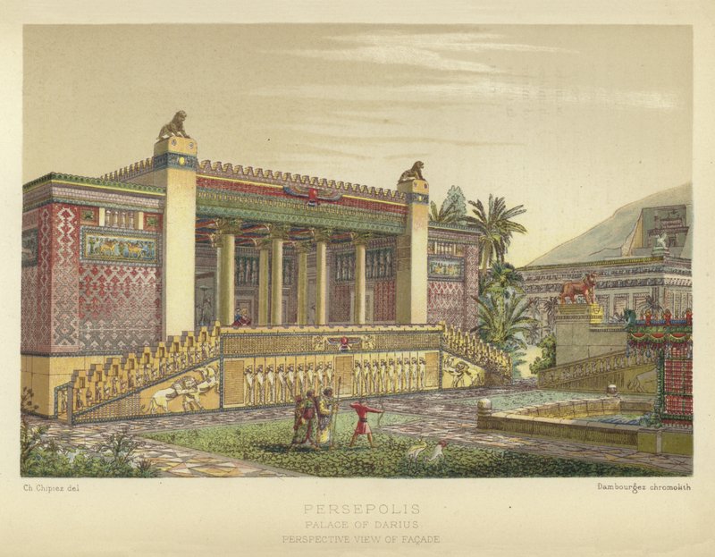 Persepolis, Palast des Darius, Perspektivische Ansicht der Fassade von French School