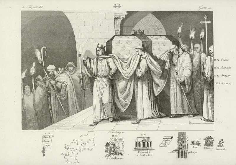 Philipp III. von Frankreich hilft, den Sarg seines Vaters Ludwig IX. zu tragen von French School