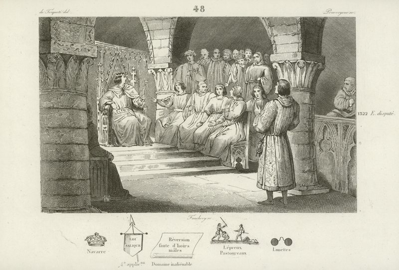 Philipp V. von Frankreich und die Generalstände lehnen den Thronanspruch von Johanna II. von Navarra ab, ca. 1317 von French School