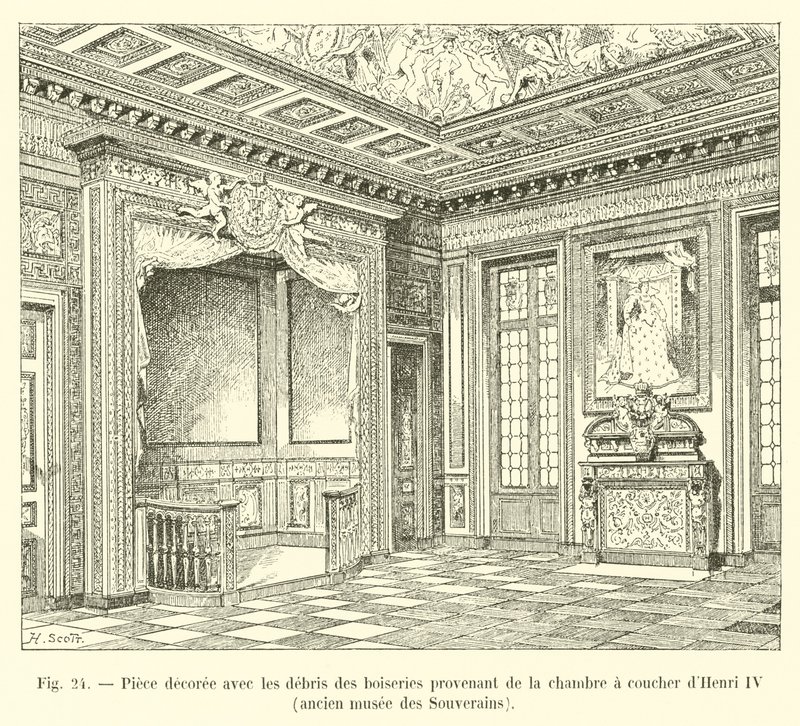 Raum dekoriert mit den Überresten der Holzarbeiten aus dem Schlafzimmer von Heinrich IV., ehemaliges Museum der Souveräne von French School