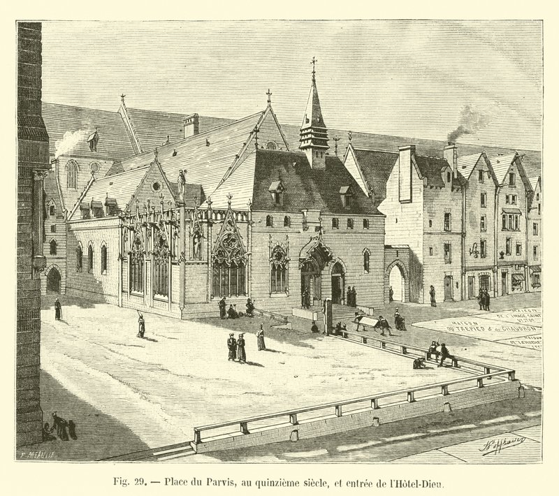 Place du Parvis im fünfzehnten Jahrhundert und Eingang des Hôtel-Dieu von French School