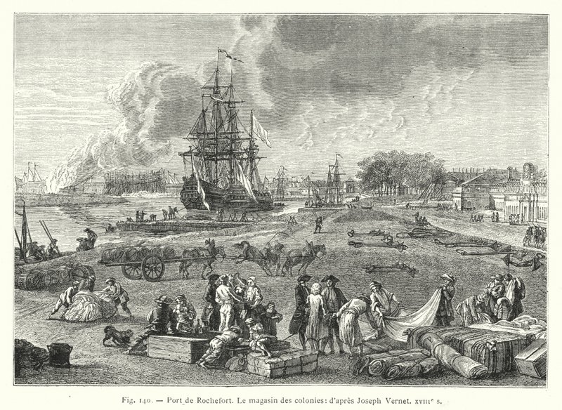 Hafen von Rochefort, Das Kolonialwarenlager; nach Joseph Vernet XVIII. Jahrhundert (Stich) von French School