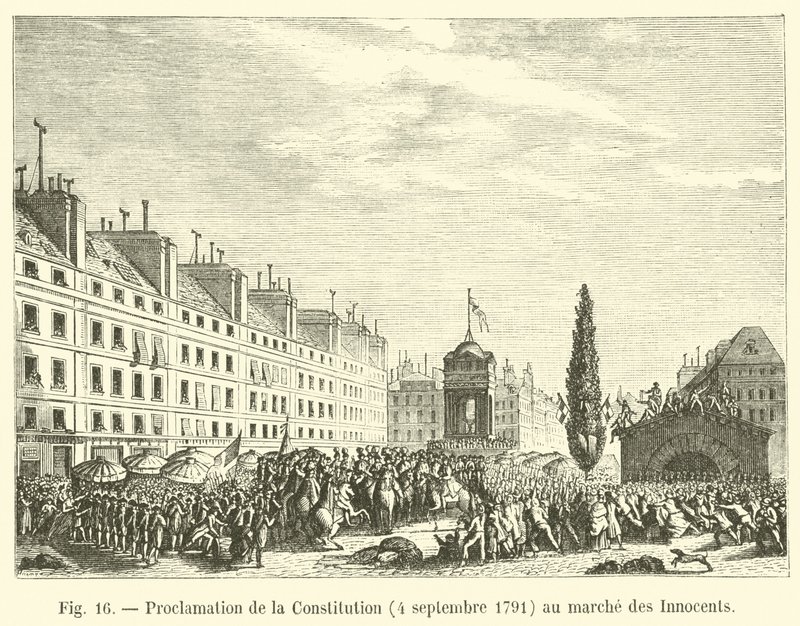 Proklamation der Verfassung, 4. September 1791, auf dem Markt der Unschuldigen von French School